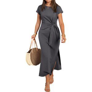 Women's Deep Grey Polyester Blend Tie Waist Split Crew Neck Casual Summer Maxi